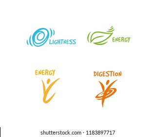 Vector organic label and eco symbol for healthy food and drink product. Energy, lightness and digestion icons.