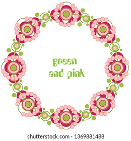 Vector organic label. Green tea, leaves, pink and red flower in circle. Nature symbol on white background. Raw fresh product, graphic round frame, elegant sticker. Art floral illustration