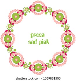 Vector organic label. Leaves, pink and red flower in circle. Green berries. Nature symbol on white background. Raw fresh product, graphic round frame, elegant sticker. Art floral illustration 