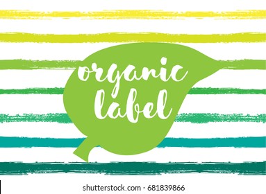 Vector organic label sticker with green and yellow sailor stripes and a leaf, healthy food concept. Vector restaurant menu label, natural products, organic packaging emblem. 