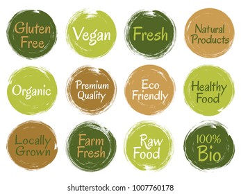 Vector organic labels, bio emblems for restaurants menu, natural products packaging. Gluten free, vegan fresh raw healthy food, premium quality, locally grown eco friendly insignia stamps collection.