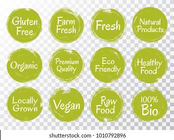 Vector organic labels, bio emblems for restaurants menu, natural products packaging. Vegan, gluten free, fresh raw healthy food, premium quality, locally grown eco friendly icons on transparent.