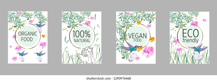 Vector organic labels, bio emblems for restaurants menu, natural products packaging. 100% natural, vegan, eco friendly, organic food labels