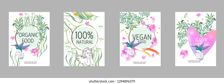 Vector organic labels, bio emblems for restaurants menu, natural products packaging. 100% natural, vegan, eco friendly, organic food labels. 