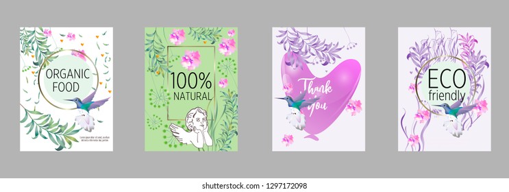 Vector organic labels, bio emblems for restaurants menu, natural products packaging. 100% natural, vegan, eco friendly, organic food labels. 