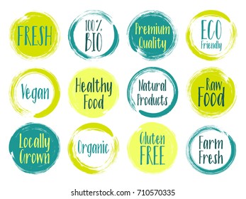 Vector organic labels, bio emblems for restaurants menu, natural products packaging. Fresh, raw food, vegan, gluten free, eco friendly, premium quality, locally grown, bio organic healthy food labels.