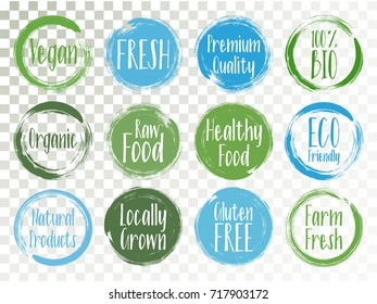 Vector organic labels, bio emblems for restaurants menu, natural products packaging. Fresh, raw food, vegan, gluten free, eco friendly, premium quality, locally grown, bio organic healthy food labels.