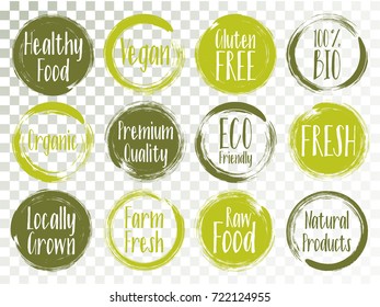 Vector organic labels, bio emblems for natural products packaging. Fresh, raw food, vegan, gluten free, eco friendly, premium quality, locally grown, bio organic healthy food labels.