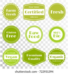 Vector organic labels, bio emblems for restaurants menu, natural products packaging. Fresh, raw food, vegan, gluten free, eco friendly, premium quality, locally grown, certified organic food labels.