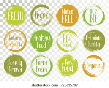 Vector organic labels, bio emblems for restaurants menu, natural products packaging. Fresh, raw food, vegan, gluten free, eco friendly, premium quality, locally grown, bio organic healthy food labels.