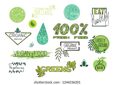 Vector organic labels. Bio icons for packs. Vegan, raw, eco elements.