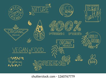 Vector organic labels. Bio icons for packs. Vegan, raw, eco elements.