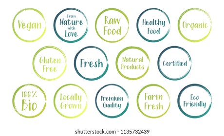 Vector organic labels, eco stamps for restaurants menu, natural products packaging. Fresh raw food vegan gluten free eco friendly premium quality locally grown organic certified healthy food labels.