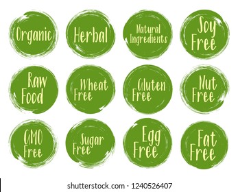 Vector organic labels, natural ingredients emblems, sugar free icon for natural products packaging. Raw food, herbal, organic, soy, wheat, gluten, nut, GMO, Sugar, egg, fat free stamps.