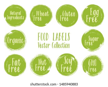 Vector organic labels, natural ingredients emblems, sugar free icon for natural products packaging. Organic, soy, wheat, gluten, nut, GMO, Sugar, egg, fat free stamps.