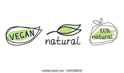 Vector organic leaves icon. Handwritten labels isolated on a white background. Vector icon for eco products in doodle style