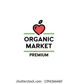 Vector organic market premium icon template. Line love logo symbol with fruit heart and green leaf sign. Farm food, raw, vegan, eco friendly label for local farmers, healthy bio goods