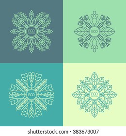 Vector organic and natural emblem and logo design template. Circular eco ornament of plants and flowers. Natural motifs.