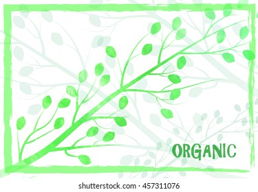 Vector organic and natural emblem and logo design template - green ecology concept or natural cosmetics - decorative branch silhouette and green leaves
