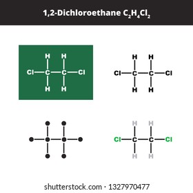Vector organic polar aliphatic molecule or solvent of 1,2-Dichloroethane C2H4Cl2 in several variants - organic chemistry concept. Chemical formulas isolated on a white background.