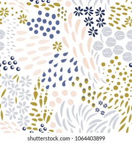 
Vector organic seamless abstract background, botanical motif, freehand doodles pattern with stylized flowers, leaves, berries and simple shapes.