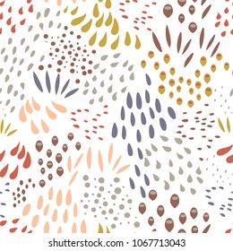 
Vector organic seamless abstract background, botanical motif, freehand doodles pattern with stylized flowers, leaves, berries and simple shapes.