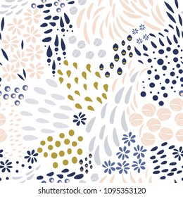 
Vector organic seamless abstract background, botanical motif, freehand doodles pattern with stylized flowers, leaves, berries and simple shapes.