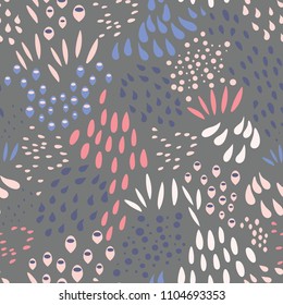 Vector organic seamless abstract background, botanical motif, freehand doodles pattern with stylized flowers, leaves, berries and simple shapes.