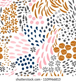 
Vector organic seamless abstract background, botanical motif, freehand doodles pattern with stylized flowers, leaves, berries and simple shapes.