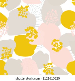 Vector organic seamless abstract background, botanical motif with stylized leaves, flowers and simple geometric shapes. Freehand doodles pattern.