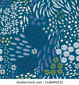 
Vector organic seamless abstract background, botanical motif, freehand doodles pattern with stylized flowers, leaves, berries and simple shapes.