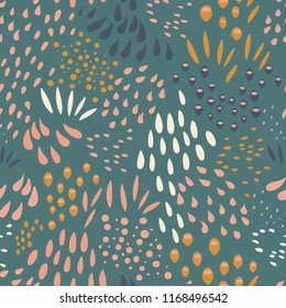 
Vector organic seamless abstract background, botanical motif, freehand doodles pattern with stylized flowers, leaves, berries and simple shapes.