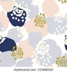 Vector organic seamless abstract background, botanical motif with stylized leaves, flowers and simple geometric shapes. Freehand doodles pattern.