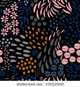 
Vector organic seamless abstract background, botanical motif, freehand doodles pattern with stylized flowers, leaves, berries and simple shapes.