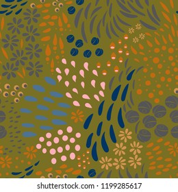 Vector organic seamless abstract background, botanical motif, freehand doodles pattern with stylized flowers, leaves, berries and simple shapes.