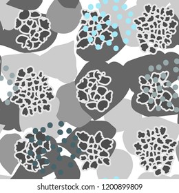 Vector organic seamless abstract background, botanical motif with stylized leaves, flowers and simple geometric shapes. Freehand doodles pattern.