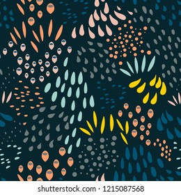 
Vector organic seamless abstract background, botanical motif, freehand doodles pattern with stylized flowers, leaves, berries and simple shapes.