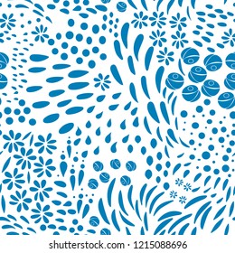 
Vector organic seamless abstract background, botanical motif, freehand doodles pattern with stylized flowers, leaves, berries and simple shapes.