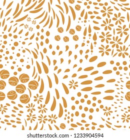 Vector organic seamless abstract background, botanical motif, freehand doodles pattern with stylized flowers, leaves, berries and simple shapes.