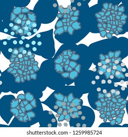 Vector organic seamless abstract background, botanical motif with stylized leaves, flowers and simple geometric shapes. Freehand doodles pattern.