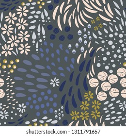 
Vector organic seamless abstract background, botanical motif, freehand doodles pattern with stylized flowers, leaves, berries and simple shapes.