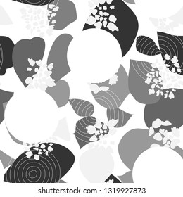 Vector organic seamless abstract background, botanical motif with stylized leaves, flowers and simple geometric shapes. Freehand doodles pattern.