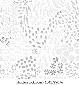 
Vector organic seamless abstract background, botanical motif, freehand doodles pattern with stylized flowers, leaves, berries and simple shapes on geometric background. Light neutral colors.