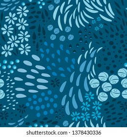
Vector organic seamless abstract background, botanical motif, freehand doodles pattern with stylized flowers, leaves, berries and simple shapes.