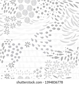 
Vector organic seamless abstract background, botanical motif, freehand doodles pattern with stylized flowers, leaves, berries and simple shapes on geometric background. Light neutral colors.