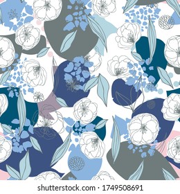 Vektororganische, nahtlose abstrakte Hintergrundbilder, botanisches Motiv mit stilisierten Blättern, Blumen und einfachen geometrischen Formen. Freehand doodles Muster.

