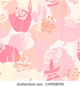 Vector organic seamless abstract background, botanical motif with stylized leaves, flowers and simple geometric shapes. Hand drawn agrimony flowers, hydrangea leaves in pastel colors. Floral pattern