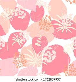Fondo abstracto biológico sin costura vectorial, motivo botánico con hojas estilizadas, flores y formas geométricas simples. Patrón de garabatos a mano libre.
