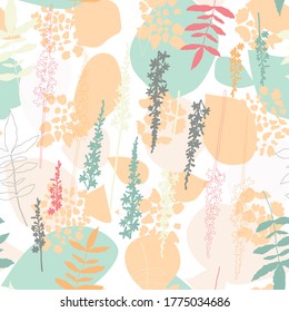 Vector organic seamless abstract background, botanical motif with stylized leaves, flowers and simple geometric shapes. Agrimony flowers and hydrangea leaves in pastel colors. Floral pattern.
