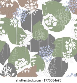 Vector organic seamless abstract background, botanical motif with stylized leaves, flowers and simple geometric shapes. Freehand doodles pattern.
